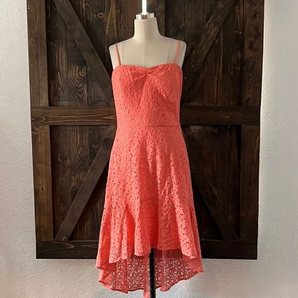 Betsey Johnson Strapless Hi Low Dress Coral Lace Sz-8 - Picture 1 of 12